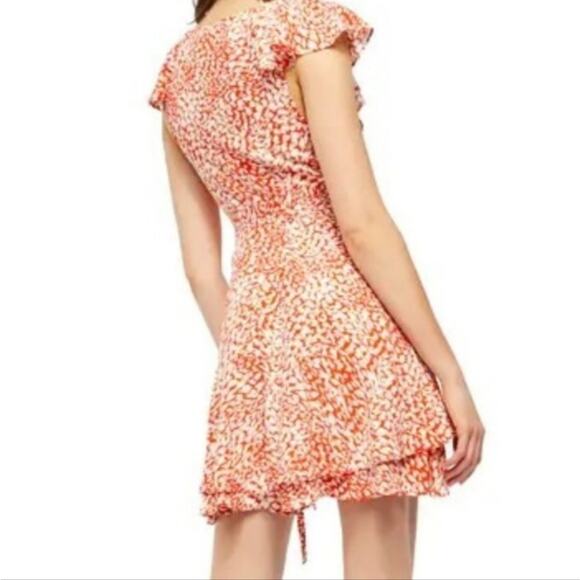 FREE PEOPLE French Quarter Orange Ruffle Print Mini Wrap Dress. Size XS. - Picture 4 of 15